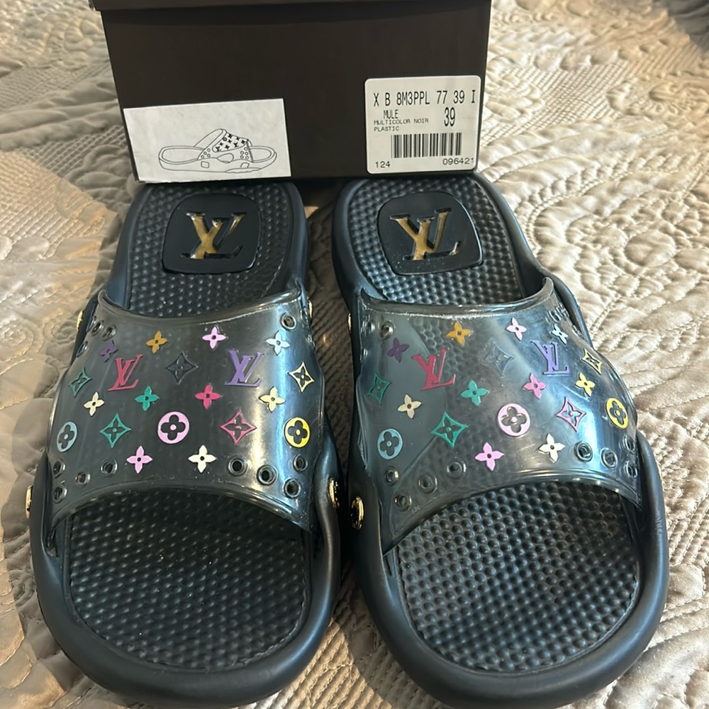 Louis Vuitton Multi Colored Takashi Marakami Rubber Slides in Box -sz. 39